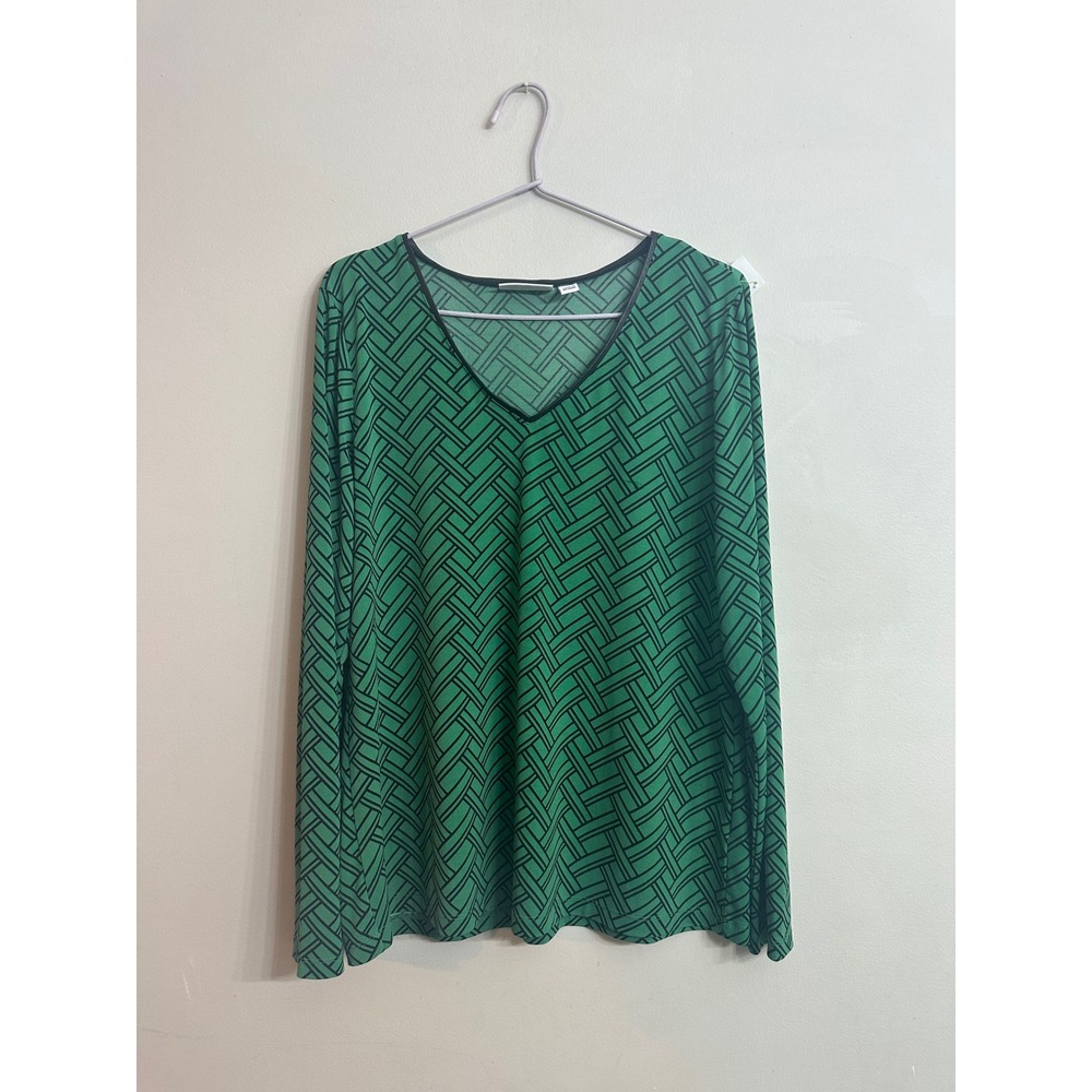 Susan Graver Womens Green Geometric V-Neck Long Sleeve Top Faux Leather Trim M